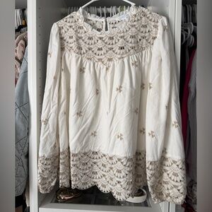 Time and Tru White and Tan Lace Blouse